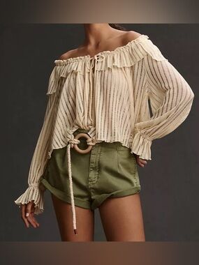 Anthropologie Long-Sleeve Ivory Sheer Flowy Oversized Striped Crop Blouse Small
